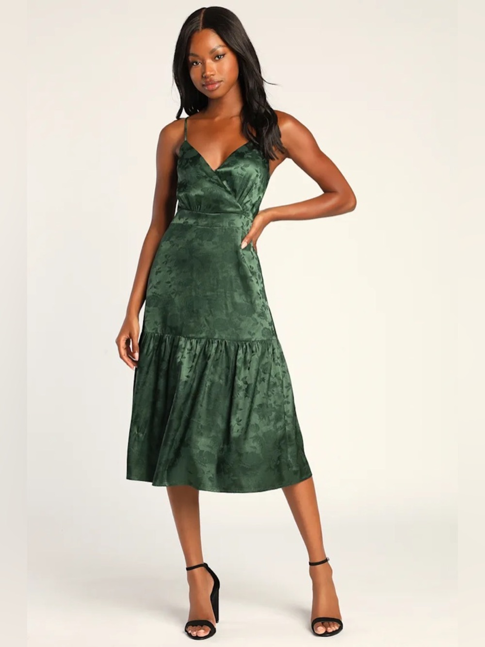 Lulu's Emerald Green Satin Jacquard Midi Dress “Be Your Favorite” NWT